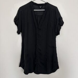 Bebe Shirt Womens Large Black Sheer Short Sleeve Tunic Flowy Blouse Top Pockets‎